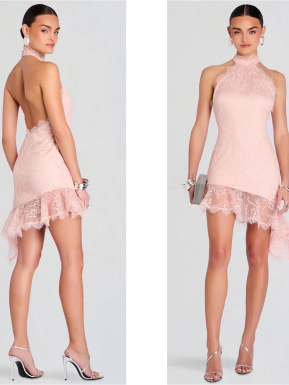 RETROFETE Raquelle Lace Halterneck Asymmetric Ruffle Pink Mini Dress Size XL